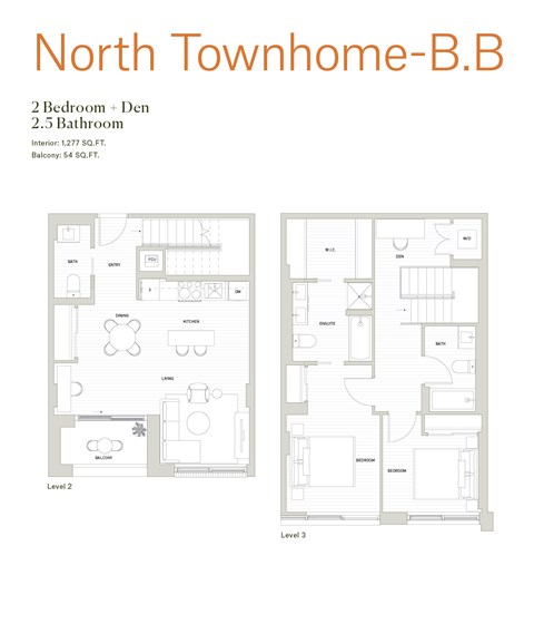 Floor plan for 2 beds, 2.5 baths, 1277 sqft